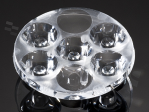 Lens for LED high power; angle: 11 to 19 degrees FWHM; Number of LEDs: 5; Dimensions: round 40mm; Height: 10.7mm; meterial: PMMA; Fastening: glue; pin