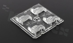 Lens for LED high power; angle: asymmetric; Number of LEDs: 4; Dimensions: 50x50mm; Height: 9mm; meterial: PMMA; Fastening: pin; screw