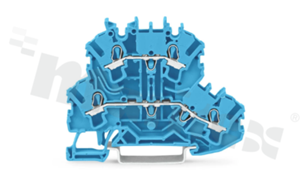 Złączka instalacyjna; 2-poziomowa; przelotowa; 4-zaciskowa na przewód 0.25-4.0mm2 (22-12AWG); ze stykiem sprężynowym; niebieska; na szynę DIN; 300V/20A