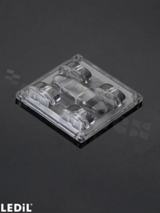 Lens for LED high power; mid power; angle: asymmetric; Number of LEDs: 4; Dimensions: 50x50mm; Height: 9.3mm; meterial: PC; silicone; Fastening: pin; screw