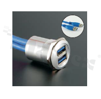 Gniazdo USB3.0; żeńskie; otwór montażowy 22mm; podłączenie na wtyk USB3.0 męski; długosć przewodu 60cm; korpus srebrny; stop aluminium.