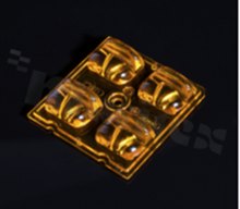 Lens for high power LEDs; light distribution: street type M-class; number of diodes: 4; size: 50x50mm height: 8.9mm; material type: PMMA; fixing method: pin, screw, glue