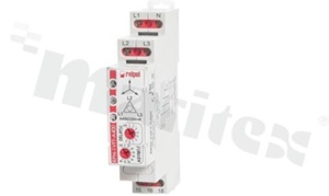 Monitoring relay; rated current 12A; input voltage: 3(N) 400/230 VAC; max switching voltage 300V; monitoring phase asynmetry; pahe failur, phase transition, time setting knob; Output SPDT; 12A/24VDC; 12A/250VAC