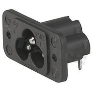 Złącze zasilające AC IEC 60320 C6, klasa ochronności I; montaż: kołnierz z otworami przelotowymi, śrubowy; wyprowadzenia do lutowania (L=4,8mm); kolor czarny; IP20; 2,5A, 250VAC