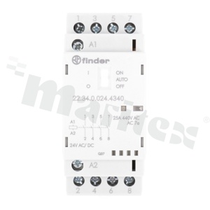 Stycznik instalacyjny; znamionowy prąd pracy 25A; napięcie cewki 24 VAC/DC; 4 zestyki zwierne (4PST); funkcja Auto-On-Off; mechaniczny wskaźnik zadziałania + LED