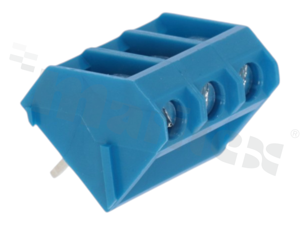 PCB terminal block; pitch 5.0mm; 3-ways; 45 deg angle; wire range 2.5mm2 (AWG 24-12); rising clamp type; with screws for a flat screwdriver; brass cage; blue; UL 250V/16A