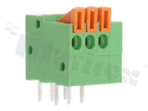 Listwa zaciskowa do PCB; w rastrze 2.54mm; 3-torowa; poziome wejście przewodu; na przewód 1.00mm2 (AWG 24-18); ze stykiem sprężynowym; zielona; UL 150V/2A
