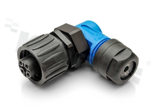 Wtyk ECOMATE seria C016, 4-stykowy (3+PE), żeński, kątowy, 16A, 400V, kabel: 0.75-2.5mm2( AWG18-14), styki srebrzone, skręcane, kolor: czarno-niebieski, IP67