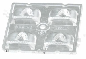Lens for LED high power; angle: asymmetric; Number of LEDs: 4; Dimensions: 50x50mm; Height: 7.3mm; meterial: PMMA; Fastening: screw
