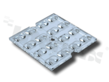 Lens for LED mid power; beam angle: IESNA type III; quantity of LEDs: 16 (4x4); Dimensions: 49.5x49.5mm; Height: 2.45mm; material: PMMA; Fastening: screw