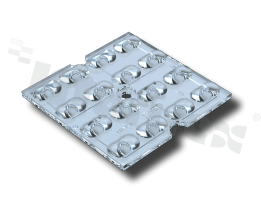 Lens for LED mid power; beam angle: IESNA type III; quantity of LEDs: 16 (4x4); Dimensions: 49.5x49.5mm; Height: 2.45mm; material: PMMA; Fastening: screw