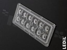 Soczewka do diod LED high power; kąt rozsyłu: 86 do 100 stopni FWHM; ilość diod: 12; rozmiar: 172x71mm; wysokość: 8.2mm; rodzaj materiału: PC; silikon; sposób mocowania: kołek; śruby