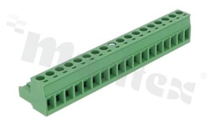 Listwa zaciskowa rozłączalna; w rastrze 5.08mm; 18-torowa; żeńska; na przewód 2.50mm2(28-12AWG); kierunek wtykania równoległy do osi przewodu; styki z fosforobrązu; stalowa klatka przewodu; UL 300V/16A