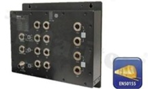 Switch przemysłowy kolejowy; zarządzalny; norma kolejowa EN50155; funkcje routingu statycznego i VRRP L3; TTDP; TRDP; R-NAT; 12 portów 10/100/1000Base-T(X) (4x WAN; 8x LAN);  złącza M12 X-coded; temp. pracy: -25+70C; zasilanie redundantne 24...110VDC