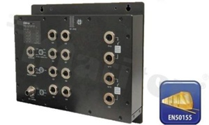 EN50155 12-port managed router switch with 12x10/100/1000Base-T(X) ports; X-coding M12 connector and 2xbypass included; wide-range power input