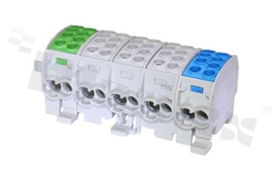 Złączka na szyne DIN; blok rozdzielczy odgałęźny;zielony szary niebieski; pięciobiegunowy;35mm2; Al/Cu;1000V AC/DC ;202A