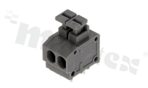 Listwa zaciskowa do PCB; w rastrze 3.81mm; 2-torowa; poziome wejście przewodu; na przewód 1.5mm2 (AWG 20-18); ze stykiem sprężynowym; szara; UL 300V/5A, IEC 250V/10A