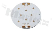 MCPCB, thermal conductivity 1.5W/(m*K), thickness: 1.6mm, number of layers - 1, copper layer thickness 35um, white soldermask, legend color: gold, size: diameter 81mm, pad cover: gold; for XPC/XPE/XPG LEDs, /8