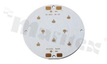 MCPCB, thermal conductivity 1.5W/(m*K), thickness: 1.6mm, number of layers - 1, copper layer thickness 35um, white soldermask, legend color: gold, size: diameter 81mm, pad cover: gold; for XPC/XPE/XPG LEDs, /8
