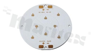 MCPCB, thermal conductivity 1.5W/(m*K), thickness: 1.6mm, number of layers - 1, copper layer thickness 35um, white soldermask, legend color: gold, size: diameter 81mm, pad cover: gold; for XPC/XPE/XPG LEDs, /8