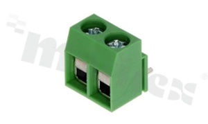 PCB terminal block; pitch 5.0mm; 2-ways; r/a; wire range 2.5mm2 (AWG 26-14); with screws for a flat screwdriver; brass cage; green color; UL 300V/10A, TUV 250V/18A