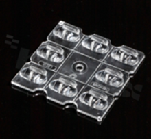 Lens for LED high power; angle: asymmetric; Number of LEDs: 8; Dimensions: 50x50mm; Height: 4.4mm; meterial: PMMA; Fastening: screw