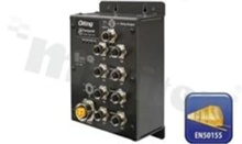 Switch przemysłowy kolejowy PoE; Gigabit; niezarządzalny; norma kolejowa EN50155; 8 portów 10/100/500/1000Base-T(X) PoE; złącza M12; temp. pracy: -40+75 st.C; zasilanie 12...57VDC