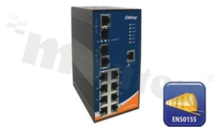 Switch przemysłowy zarządzalny; norma kolejowa EN50155; 8 portów 10/100Base-T(X) RJ45 i 2 porty Gigabit Combo RJ45/SFP; temp. pracy: -40+70 st.C; zasilanie redundantne 12...48VDC; montaż na szynie DIN