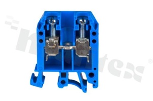 Złączka szynowa; 1-poziomowa; 2-zaciskowa na przewód 0,5-10,0mm2; zacisk śrubowy; niebieska; na szyne DIN; 1000V/57A