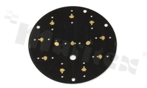 MCPCB, thermal conductivity 1.5W/(m*K), thickness: 1.6mm, number of layers - 1, black soldermask, legend color: gold, size: diameter 97mm, pad cover: gold; for XP/XT LEDs, /10