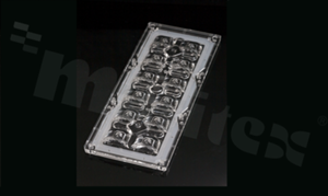 Lens for LED high power; mid power; angle: asymmetric; Number of LEDs: 12; Dimensions: 173x71mm; Height: 9.6mm; meterial: PMMA; silicone; Fastening: screw