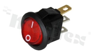 Miniaturowy przełącznik typu Rocker; jednobiegowy; 2-pozycyjny; O: 14.4mm; konektory SPST; przycisk czerwony podświetlony; 3A