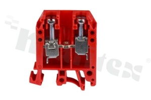 Złączka szynowa; 1-poziomowa; 2-zaciskowa na przewód 0,5-16,0mm2; zacisk śrubowy; czerwona; na szyne DIN; 1000V/76A