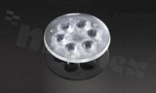 Lens for LED high power; angle: 26 to 40 degrees FWHM; Number of LEDs: 6; Dimensions: round 50mm; Height: 10.7mm; meterial: PMMA; Fastening: glue; pin