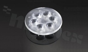 Soczewka do diod LED high power; kąt rozsyłu: 26 do 40 stopni FWHM; ilość diod: 6; rozmiar: okrąg 50mm; wysokość: 10.7mm; rodzaj materiału: PMMA; sposób mocowania: klej; kołek