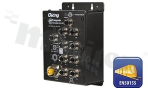 Switch przemysłowy kolejowy; zarządzalny; norma kolejowa EN50155; 8 portów 10/100Base-T(X); złącza M12; temp. pracy: -40+70 st.C; zasilanie redundantne 12...48VDC