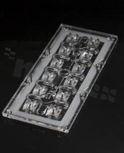 Lens for LED high power; angle: asymmetric; Number of LEDs: 12; Dimensions: 173x71mm; Height: 12.4mm; meterial: PMMA; silicone; Fastening: pin; screw