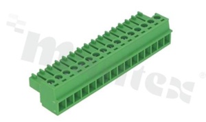 Listwa zaciskowa rozłączalna; w rastrze 3.81mm; 16-torowa; żeńska; na przewód 1.50mm2(28-16AWG); kierunek wtykania równoległy do osi przewodu; styki z fosforobrązu; mosiężna klatka przewodu; UL 300V/10A