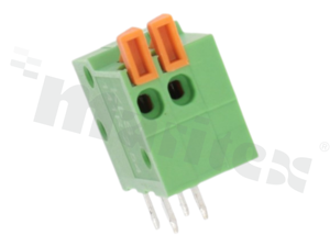 Listwa zaciskowa do PCB; w rastrze 2.54mm; 2-torowa; poziome wejście przewodu; na przewód 1.00mm2 (AWG 24-18); ze stykiem sprężynowym; zielona; UL 150V/2A