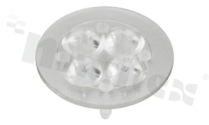 Soczewka do diod LED high power; kąt rozsyłu: 25 stopni FWHM; ilość diod: 4; rozmiar: okrąg 35mm; wysokość: 13.5mm; rodzaj materiału: PMMA; PC; sposób mocowania: klej