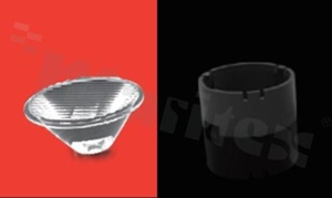 Lens for LED high power; angle: oval 22 x 35 degrees ; Number of LEDs: 1; Dimensions: round 22.2mm; Height: 10.6mm; material: PMMA; Fastening: tape; frame