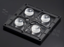 Soczewka do diod LED high power; kąt rozsyłu: 48 do 56 stopni FWHM; ilość diod: 4; rozmiar: 90x90mm; wysokość: 16.5mm; rodzaj materiału: silikon; sposób mocowania: śruby