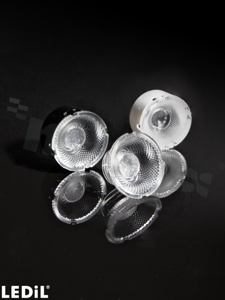 Soczewka do diod LED high power; kąt rozsyłu: 36 stopni FWHM; ilość diod: 1; rozmiar: okrąg 35mm; wysokość: 18 mm; rodzaj materiału: PMMA; sposób mocowania: gniazdo 