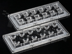 Lens for LED high power; mid power; angle: 50 to 67 degrees FWHM; Number of LEDs: 12; Dimensions: 173x71mm; Height: 11.4mm; meterial: PMMA; silicone; Fastening: pin; screw