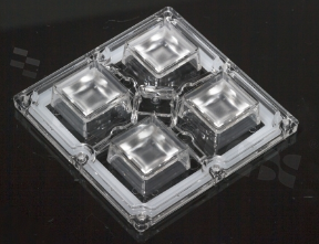 Lens for LED high power; COB; angle: 62 to 86 degrees FWHM; Number of LEDs: 4; Dimensions: 90x90mm; Height: 16.4mm; meterial: PMMA; silicone; Fastening: screw
