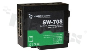 Switch przemysłowy niezarządzalny; metalowa obudowa; 8 portów 10/100 Mb/s; temp. pracy: -40+80 st.C; zasilanie redundantne 5...30VDC; montaż na szynie DIN