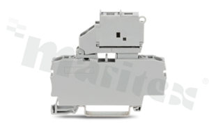 Złączka bezpiecznikowa; 1-poziomowa; przelotowa; 2-zaciskowa na przewód 0.25-4.0mm2 (22-12AWG); ze stykiem sprężynowym; szara; na szynę DIN; 250V/10A