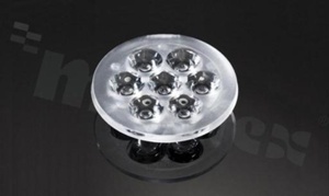 Lens for LED high power; angle: 11 to 19 degrees FWHM; Number of LEDs: 7; Dimensions: round 50mm; Height: 10.7mm; meterial: PMMA; Fastening: glue; pin