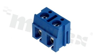 Listwa zaciskowa do PCB; w rastrze 7.50mm; 2-torowa; kątowa; na przewód 2.5mm2 (AWG 22-14); ze śrubami na wkrętak płaski; klatka mosiężna; niebieska; UL 300V/10A, TUV 450V/24A