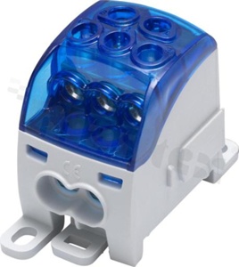 Złączka na szyne DIN; blok rozdzielczy uniwersalny; niebieski; jednobiegunowy; 35mm2; Al/Cu;1000V AC DC / 214A